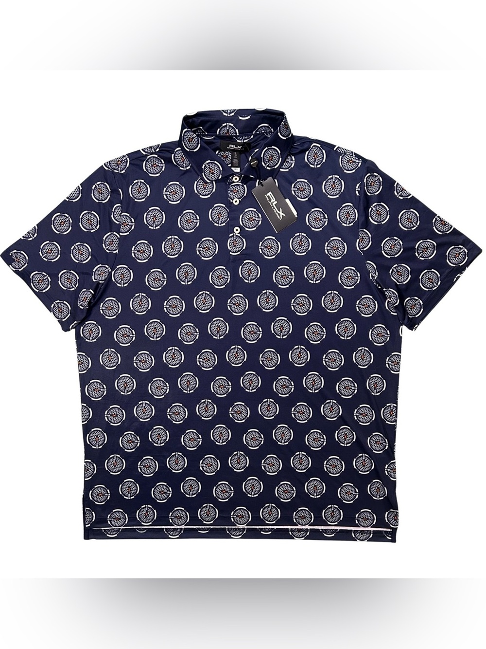 RLX Ralph Lauren Navy Blue Golf Ball Geo Print Concept Performance Jersey Polo